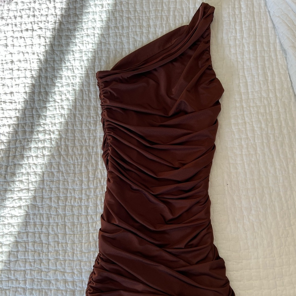 Tiger Mist chocolate brown off the shoulder mini dress